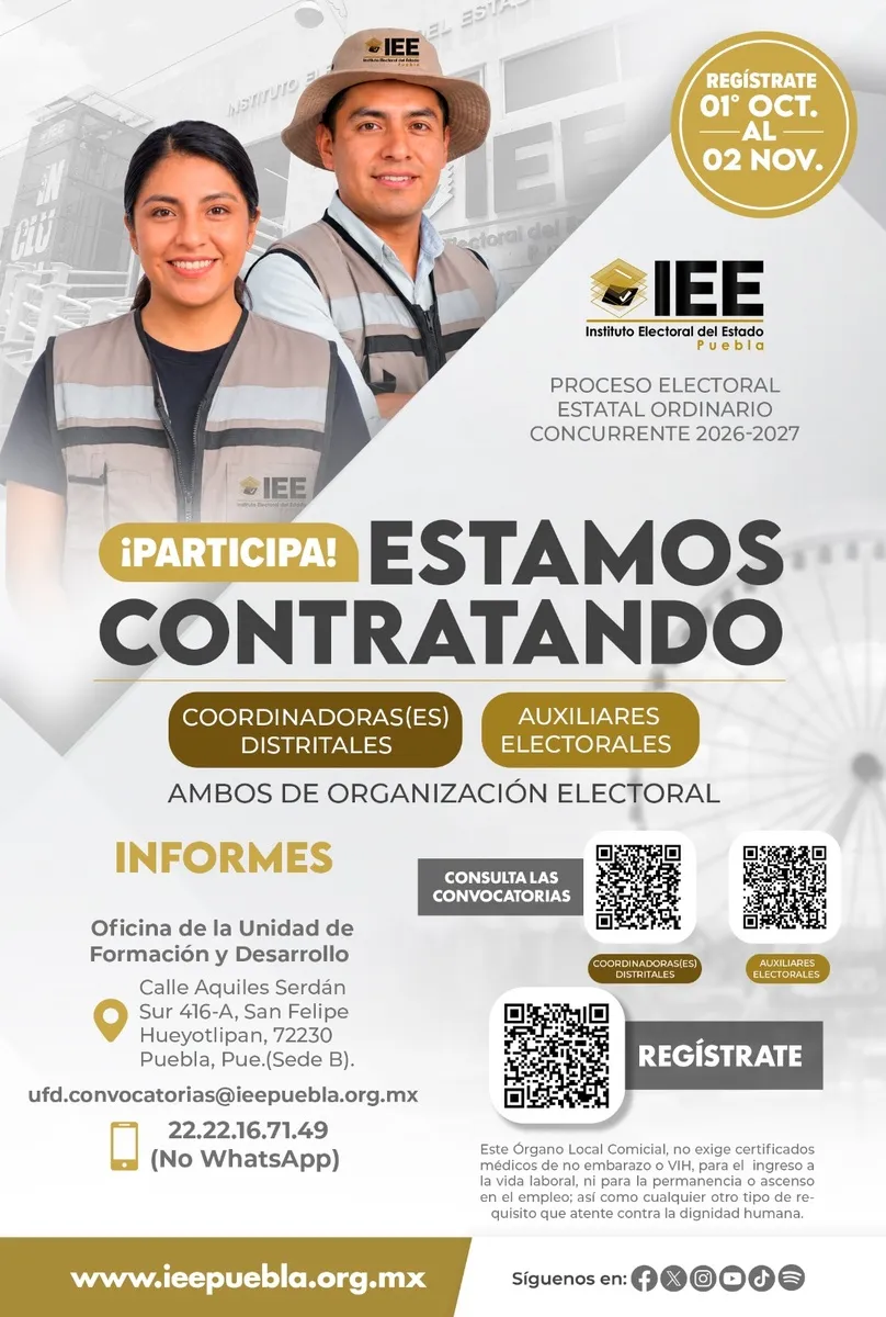 Estamos contratando: Coordinadoras(es) Distritales y Auxiliares Electorales, registro del 01 de octubre al 02 de noviembre
